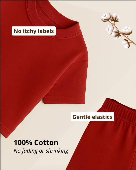 Red garment with text highlighting features like 'No itchy labels', 'Gentle elastics', '100% Cotton', and 'No fading or shrinking' on a beige background.
