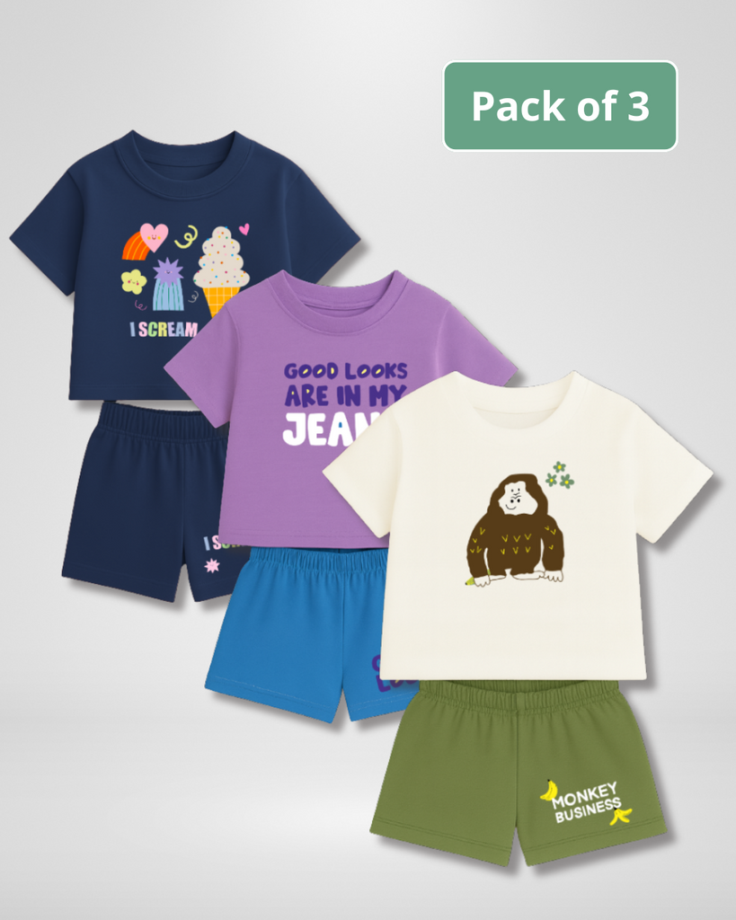 Pack of three children's t-shirts and shorts with various designs on a white background.
