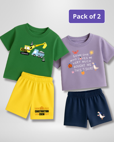 Two children's t-shirts and shorts set with construction-themed design on a light gray background.
