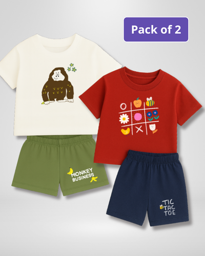 Pack of 2 children's t-shirts and shorts with playful designs on a light gray background