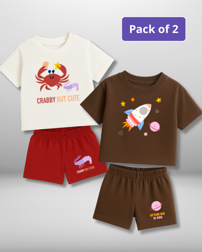 Two children's clothing sets with cartoon designs on a gray background