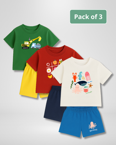 Pack of three children's t-shirts and shorts with various designs on a light gray background.
