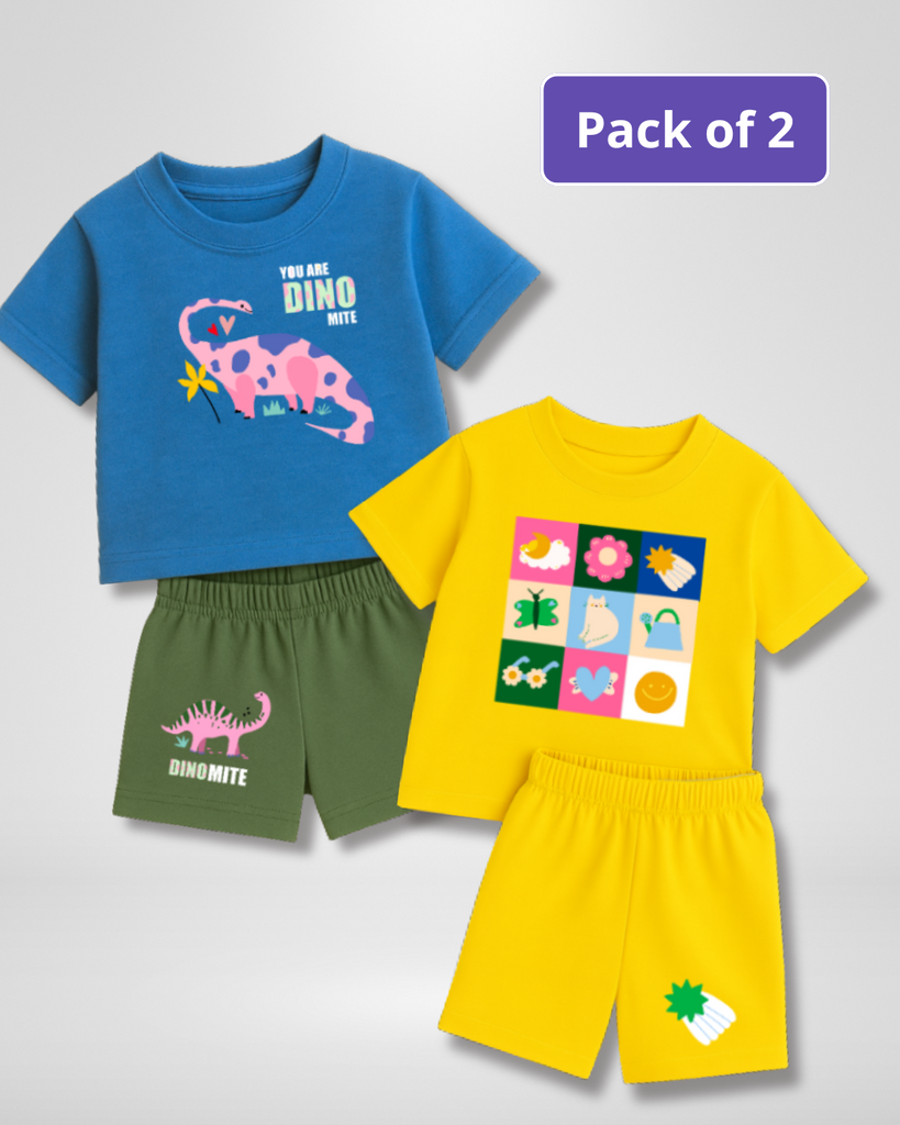 Two children's outfits with t-shirts and shorts on a light gray background, labeled 'Pack of 2'.