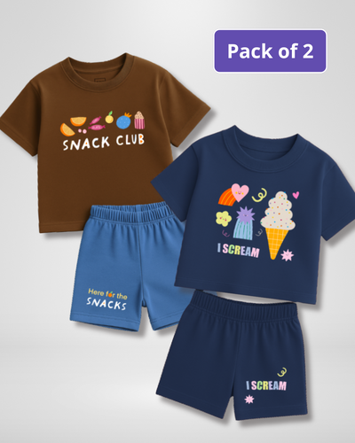 Two children's t-shirt and shorts sets with colorful graphics on a white background.