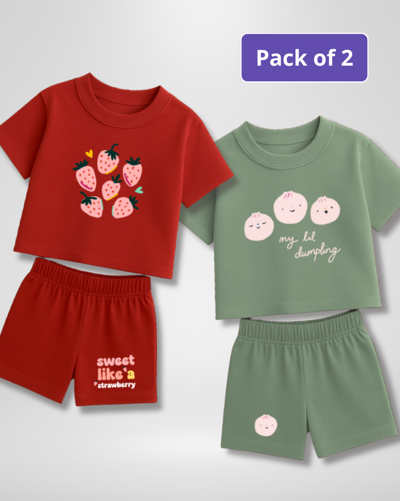 Two children's outfits, one red with strawberry design and one green with 'my lil' design, on a white background.