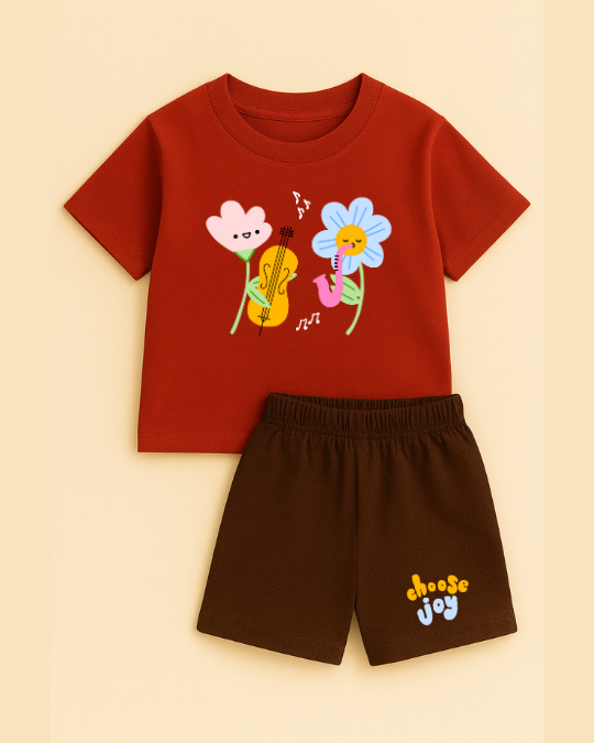 Red t-shirt with floral design and brown shorts on a beige background
