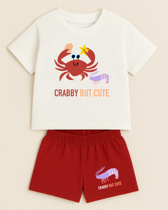 Children's outfit with white t-shirt and red shorts featuring a crab graphic and 'Crabby But Cute' text on a beige background.