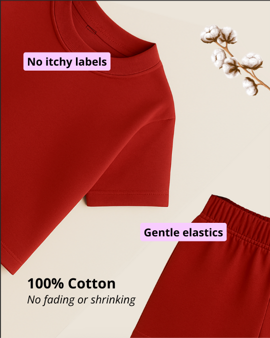 Red garment with text about no itchy labels, gentle elastics, 100% cotton, and no fading or shrinking on a beige background.