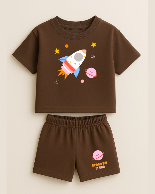 Children's brown outfit with space-themed graphics on a beige background