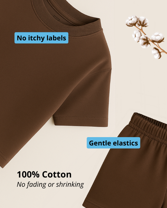 Brown pants with text highlighting features on a beige background