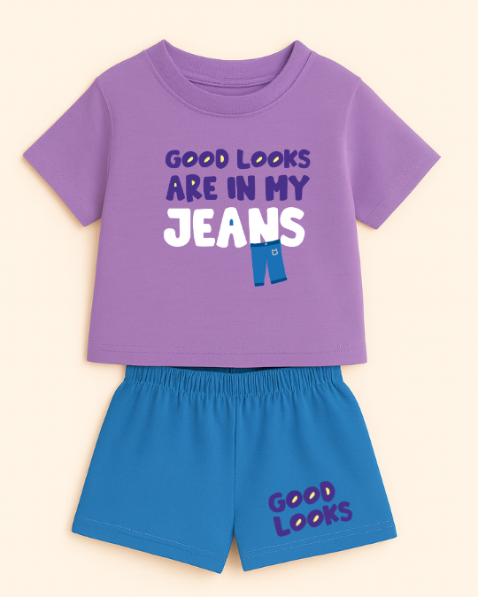 Purple t-shirt and blue shorts set with 'Good looks are in my jeans' text on a beige background