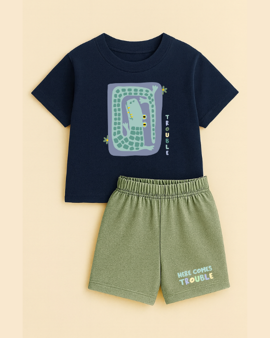 Navy t-shirt with graphic and green shorts on a beige background