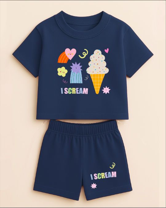 Navy blue children's outfit with ice cream graphics and 'I Scream' text on a beige background