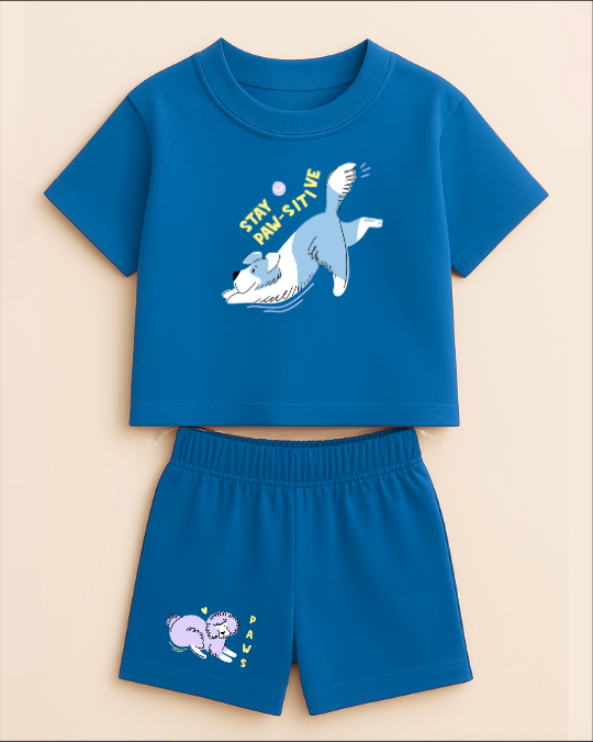 Blue children's t-shirt and shorts set with cartoon dog design on a beige background