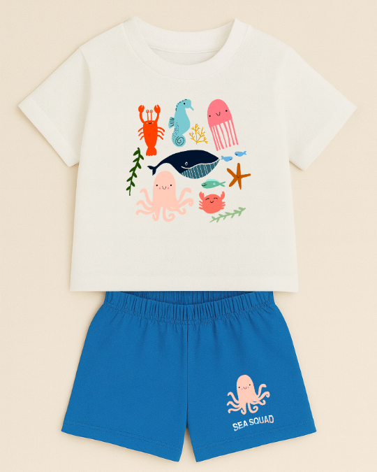 Children's outfit with a t-shirt featuring sea creature graphics and blue shorts with 'Sea Squad' print on a beige background.