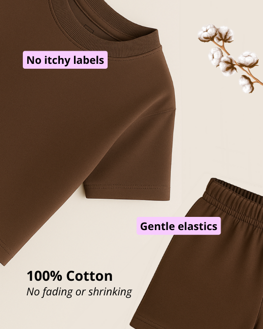 Brown pants with text highlighting features like 'No itchy labels', 'Gentle elastics', '100% Cotton', and 'No fading or shrinking' on a beige background.