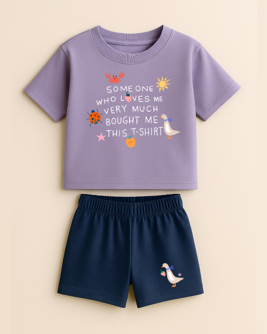 Children's outfit with purple t-shirt and navy shorts on a beige background