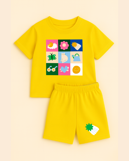 Yellow children's outfit with graphic t-shirt and shorts on a beige background