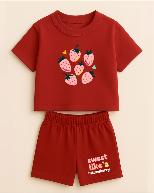 Red children's outfit with strawberry design on a beige background