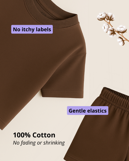 Brown pants with text highlighting features on a beige background