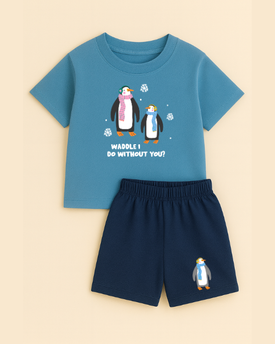 Children's blue t-shirt and navy shorts set with penguin design on a beige background