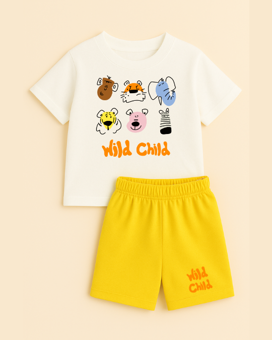 Children's outfit with a white t-shirt and yellow shorts featuring animal illustrations and 'Wild Child' text on a beige background.