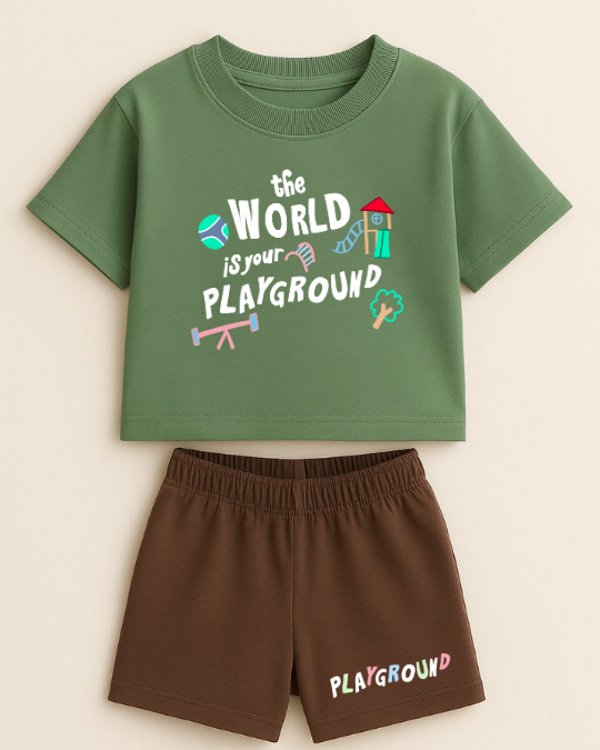 Green t-shirt and brown shorts set with 'the world is your playground' text and graphics on a beige background