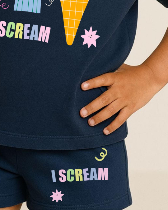 Navy blue outfit with 'I Scream' text and ice cream cone design on a plain background