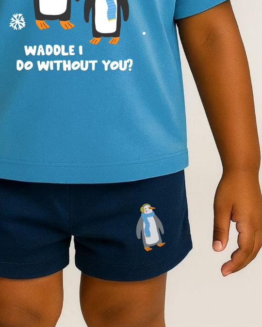 Child wearing a blue shirt with penguin design and text, paired with navy shorts with a penguin on a beige background.