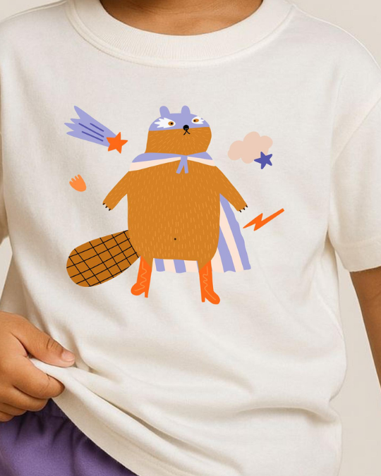 White t-shirt with a cartoon beaver design on a plain background