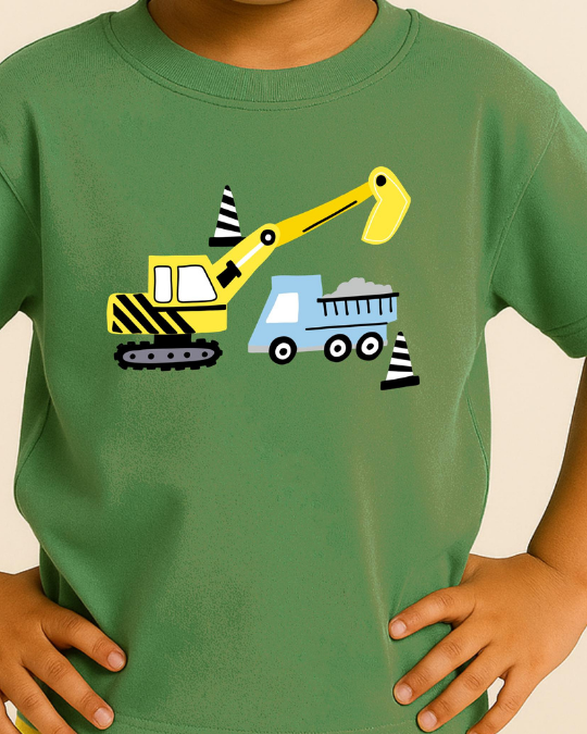 Green t-shirt with construction vehicle graphics worn by a child