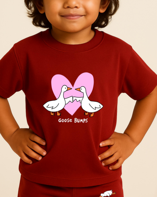 Child wearing a red t-shirt with a graphic of two geese and a heart, labeled 'Goose Bumps', on a beige background.