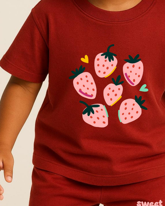 Red children's t-shirt with strawberry design on a plain background