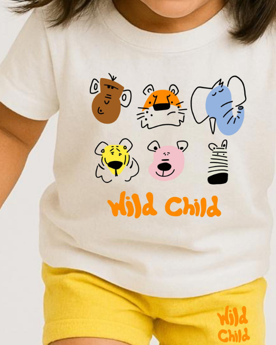 Child wearing a white t-shirt with colorful animal faces and 'Wild Child' text, paired with yellow shorts.
