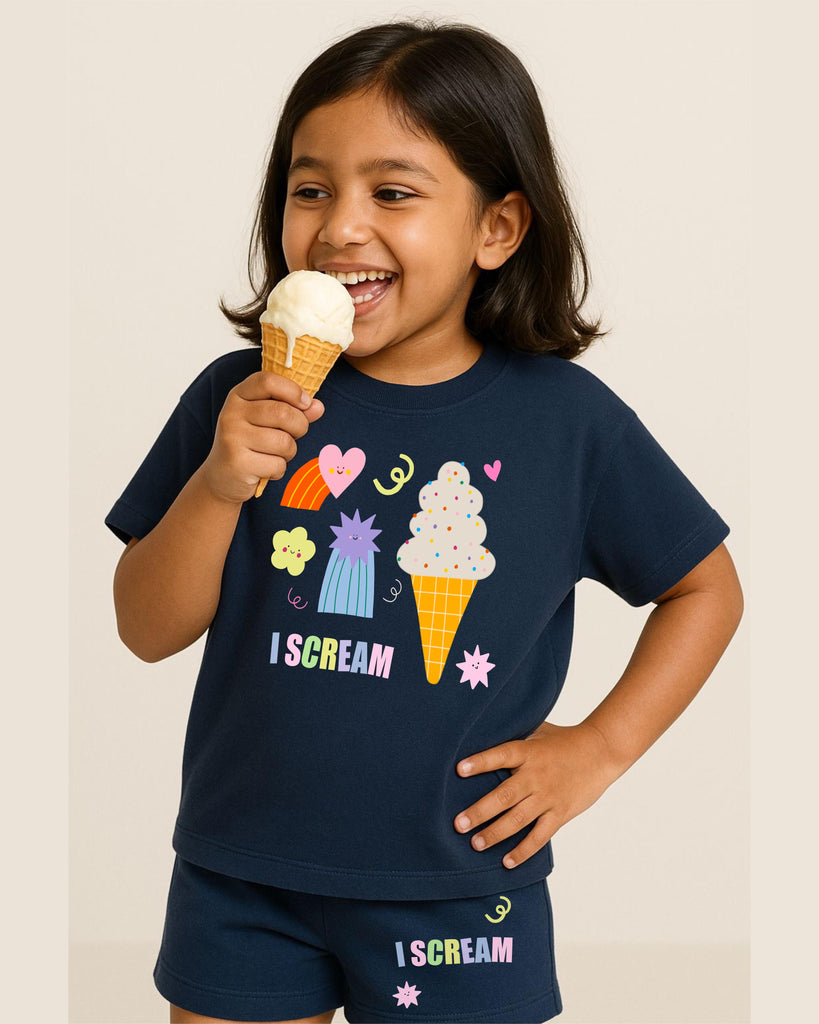 Child wearing a navy blue t-shirt with ice cream graphics and 'I Scream' text, holding an ice cream cone.