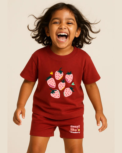 Child wearing a red outfit with strawberry design and text on a beige background