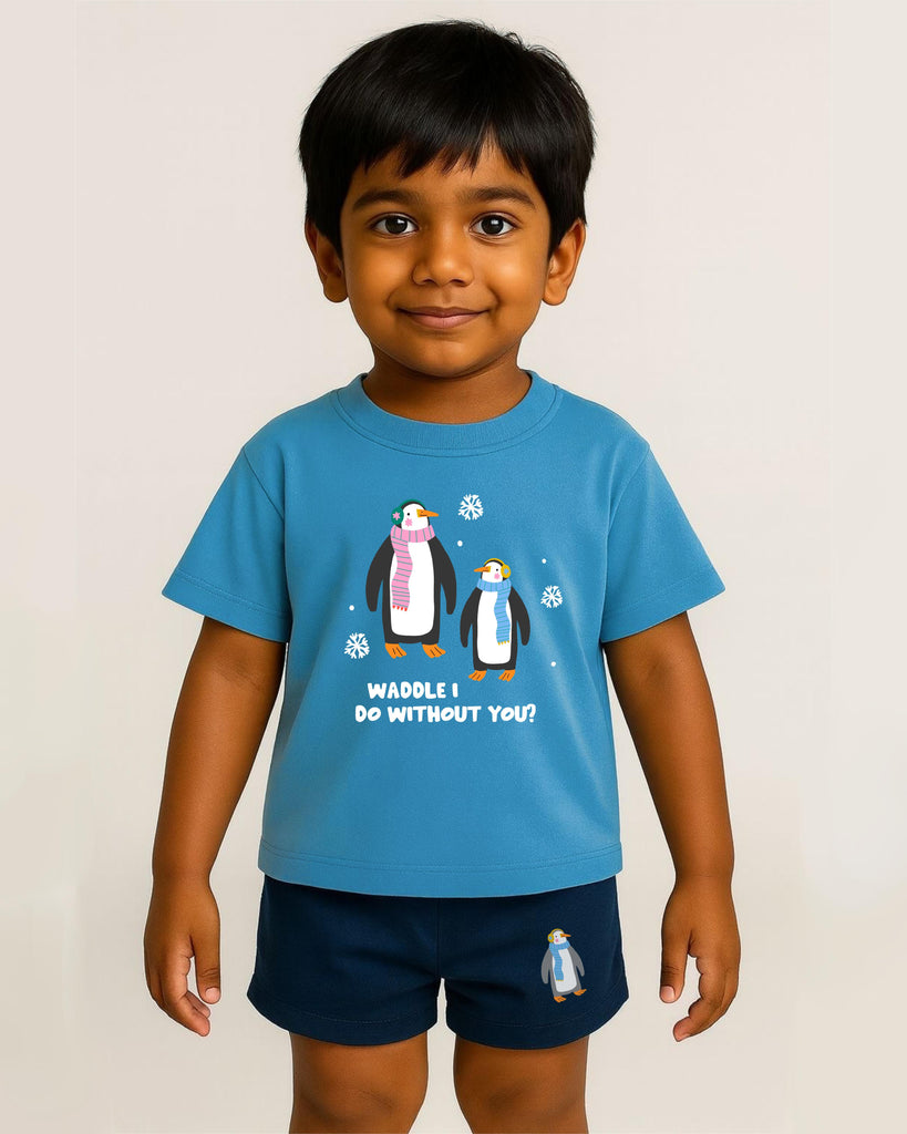 Child wearing a blue t-shirt with penguin design on a plain background