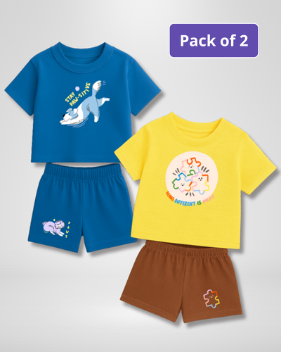 Pack of 2 children's t-shirt and shorts set with blue, yellow, and brown colors on a white background.