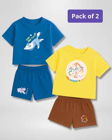 Pack of 2 children's t-shirt and shorts set with blue, yellow, and brown colors on a white background.