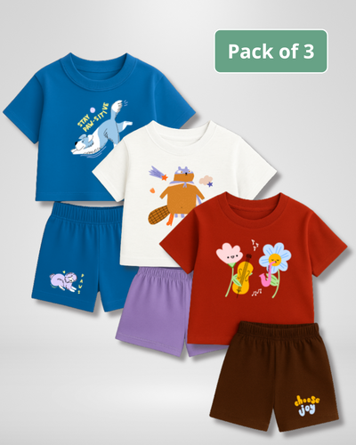 Pack of 3 children's t-shirts and shorts with colorful designs on a light gray background.