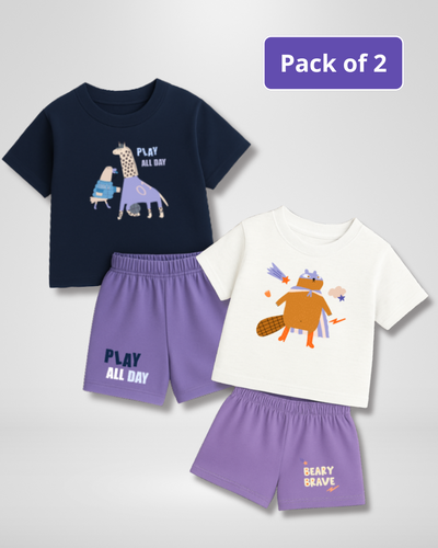 Two children's outfits with t-shirts and shorts on a light gray background, featuring cartoon designs and text.