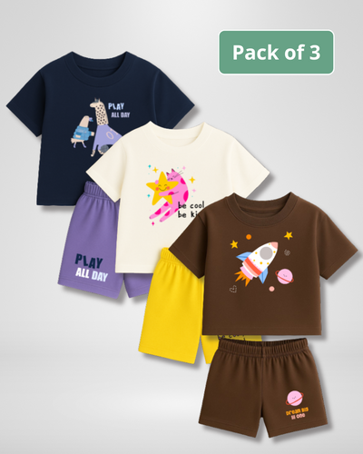 Pack of 3 children's t-shirts and shorts with space-themed designs on a light gray background.