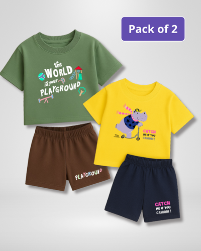 Two children's t-shirts and shorts set with text and graphics on a white background