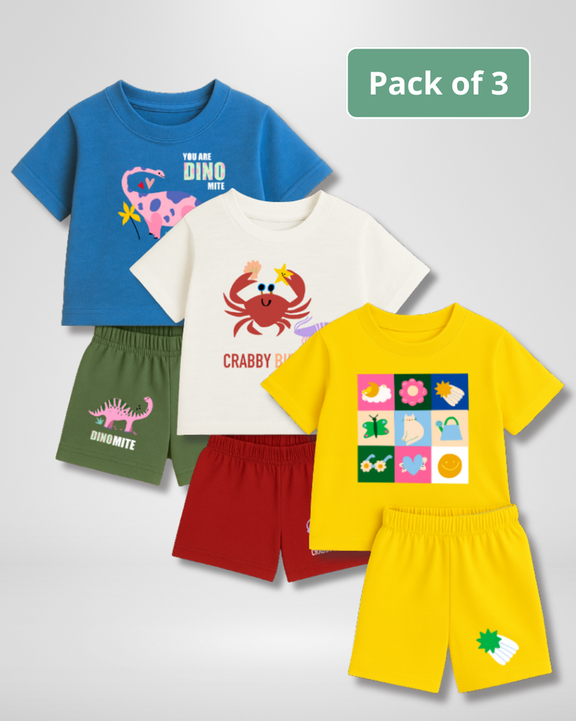 Pack of three children's t-shirts and shorts with colorful designs on a light gray background.
