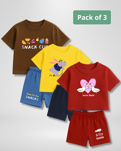 Pack of 3 children's t-shirts and shorts with various designs on a white background