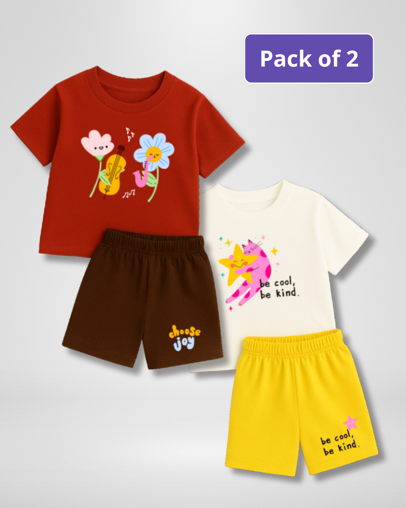 Two children's clothing sets with t-shirts and shorts on a gray background, labeled 'Pack of 2'.