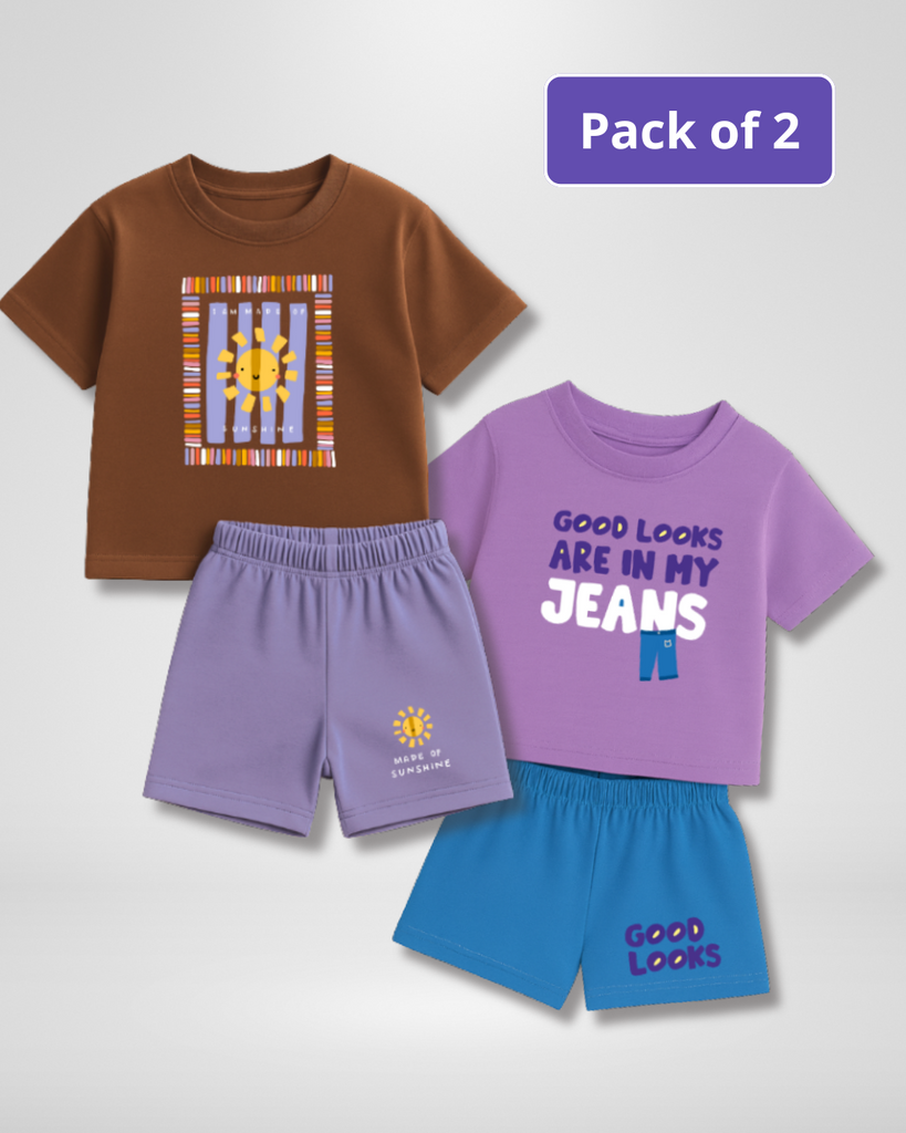 Two children's t-shirt and shorts sets with text and sun design on a white background.