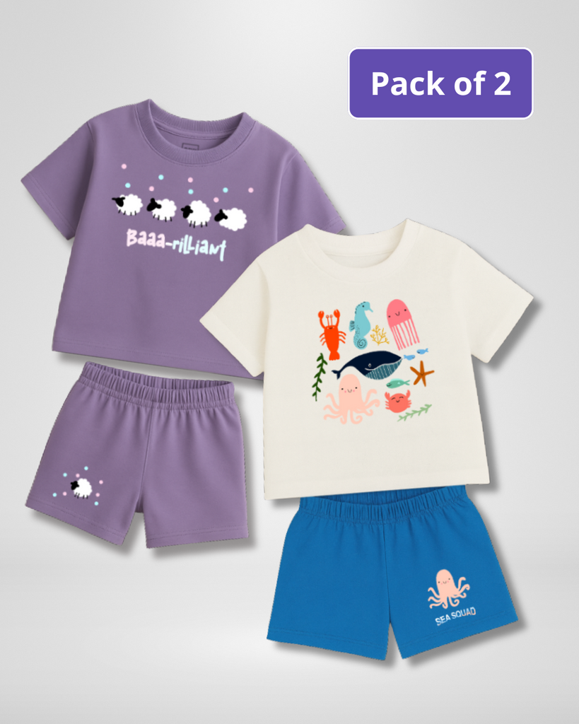 Two children's t-shirt and shorts sets with animal-themed designs on a light gray background.