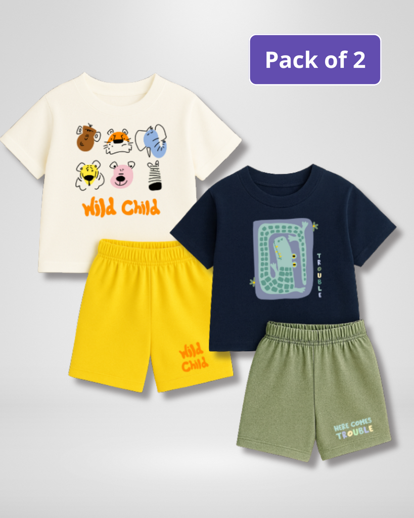 Two children's t-shirt and shorts sets with cartoon designs on a light gray background.