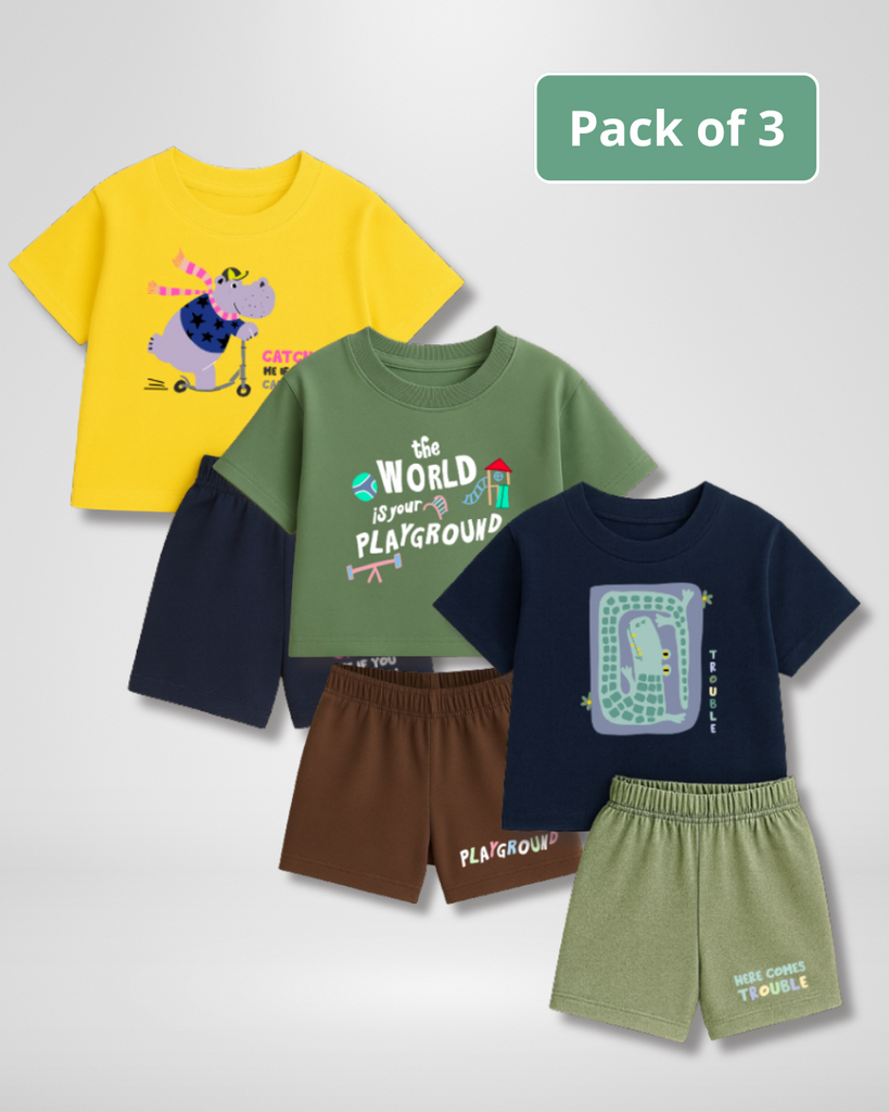 Pack of three children's shirts and shorts with colorful designs on a light gray background.